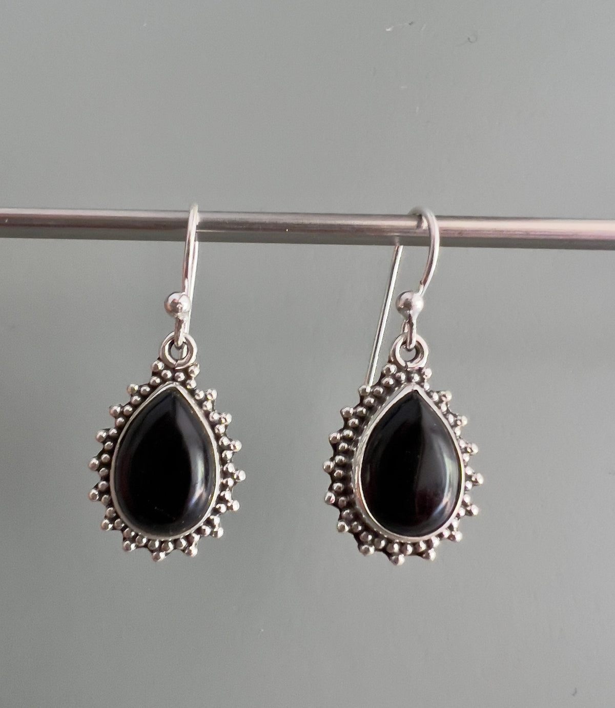 Black Onyx Silver Boho Teardrop Earrings by Springwaves