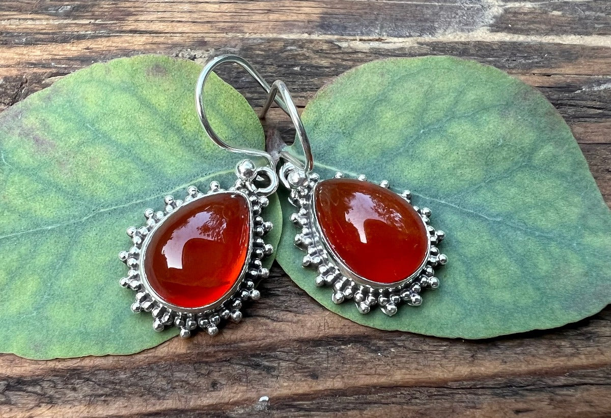 Carnelian Silver Boho Teardrop Earrings by Springwaves