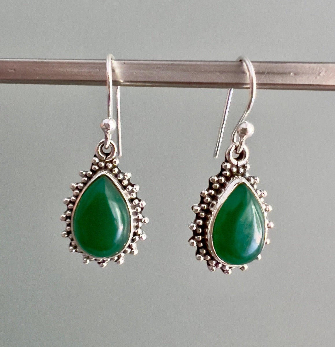 Green Onyx Silver Boho Teardrop Earrings by Springwaves