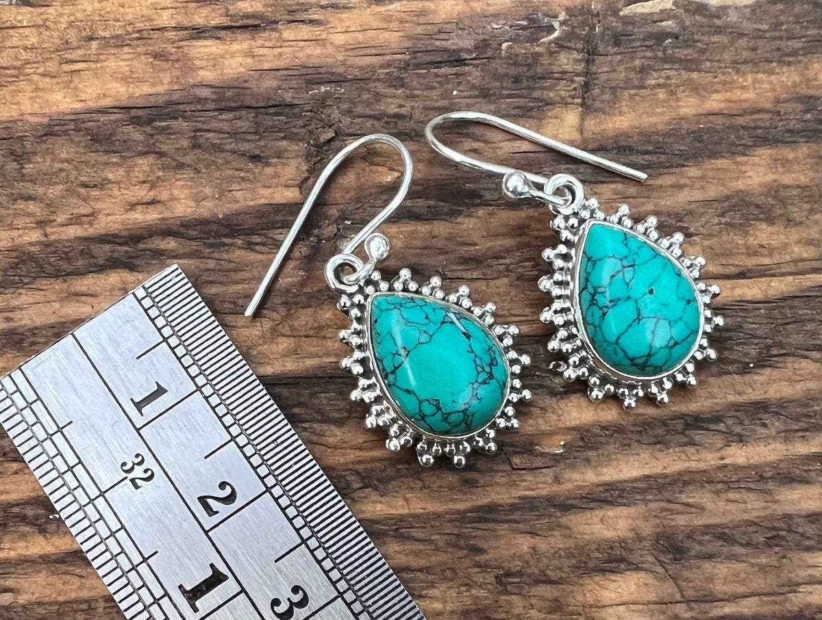 Turquoise Silver Boho Teardrop Earrings by Springwaves