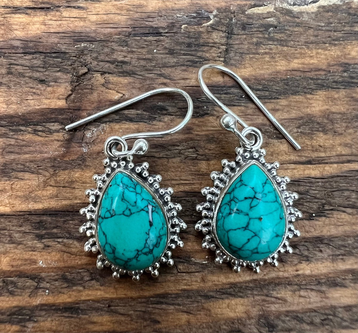 Turquoise Silver Boho Teardrop Earrings by Springwaves