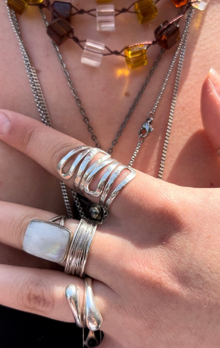 Full Finger Sterling Silver Hammered Wave Statement Ring